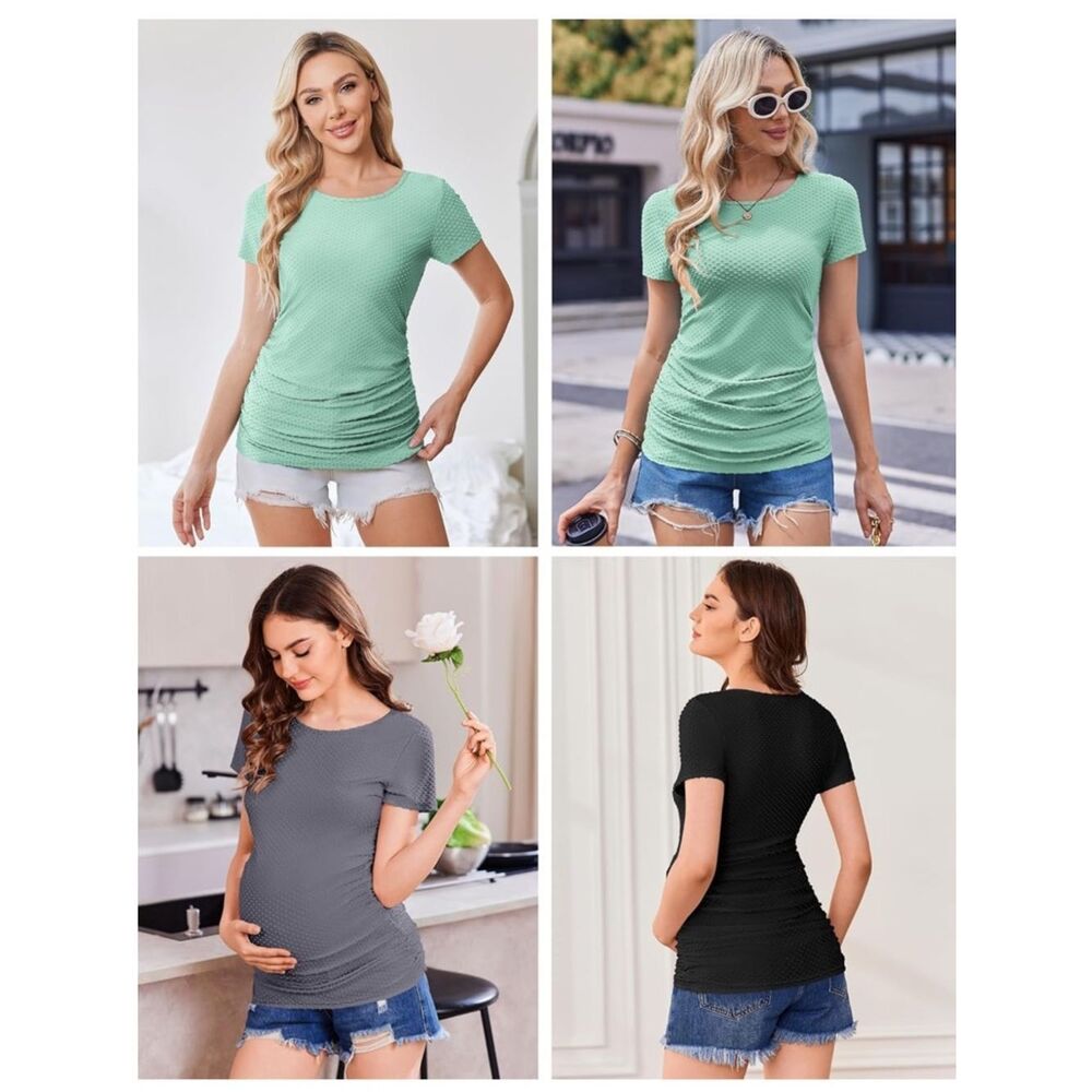 NWT 3 Pack-Women’s Short Sleeve Maternity Ruched Tee - Black, Gray, Mint - Picture 2 of 5